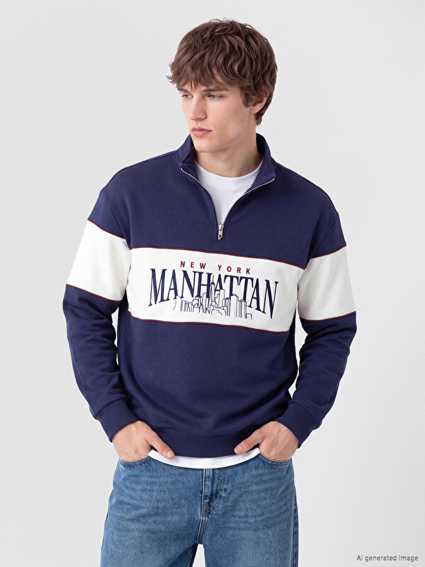 XSIDE Bluza sportive e trashë me jakë të ngritur me print Manhattan për burra