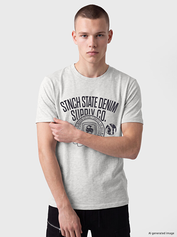 XSIDE Tricou Bărbați din Jerseu cu Imprimeu și Guler Rotund