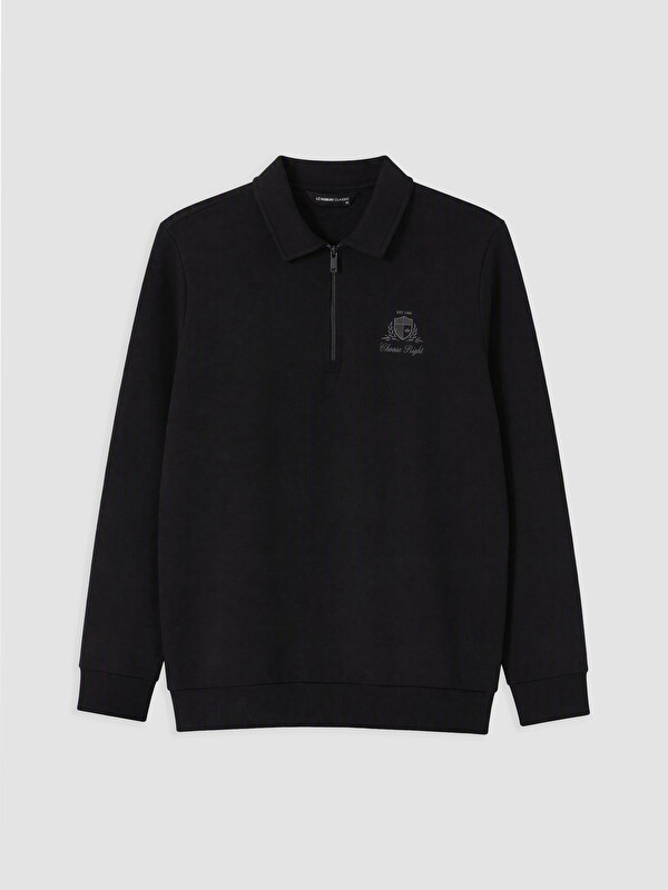 LCWAIKIKI Classic Polo Yaka Baskılı Erkek Kalın Sweatshirt
