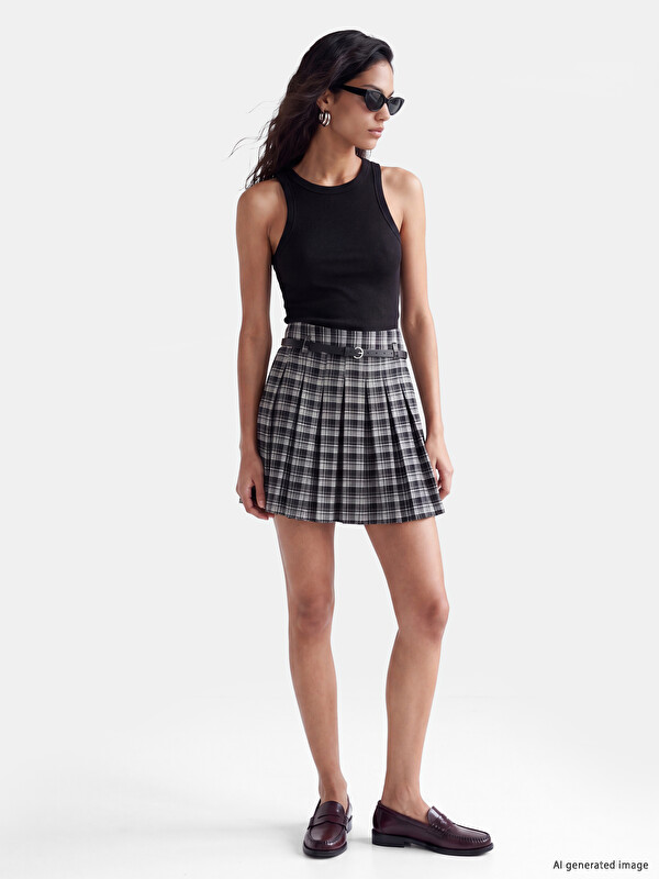 XSIDE Belted A Cut Plaid Pleated Mini Skirt