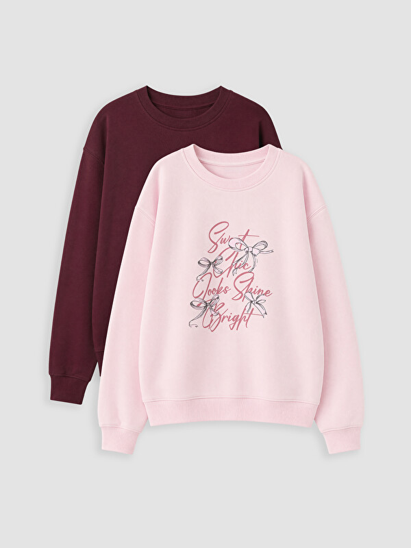 LCW Kids 2'li Bisiklet Yaka Baskılı Kız Çocuk Kalın Sweatshirt