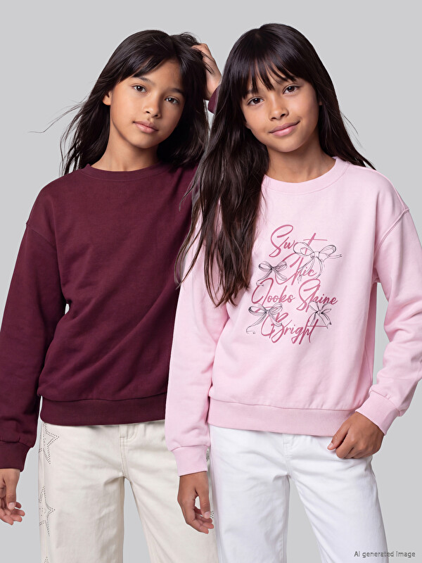 LCW Kids 2 Pack Crew Neck Printed Girls' Thick Sweatshirt