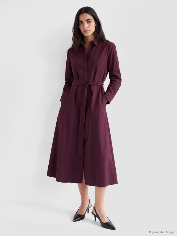 LCW Vision Long Sleeved Sashed Shirt Collar Midi Dress