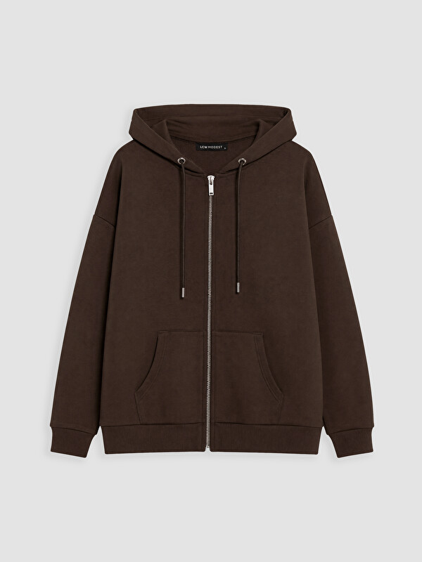 LCW Modest Kapüşonlu Oversize Kadın Kalın Fermuarlı Sweatshirt