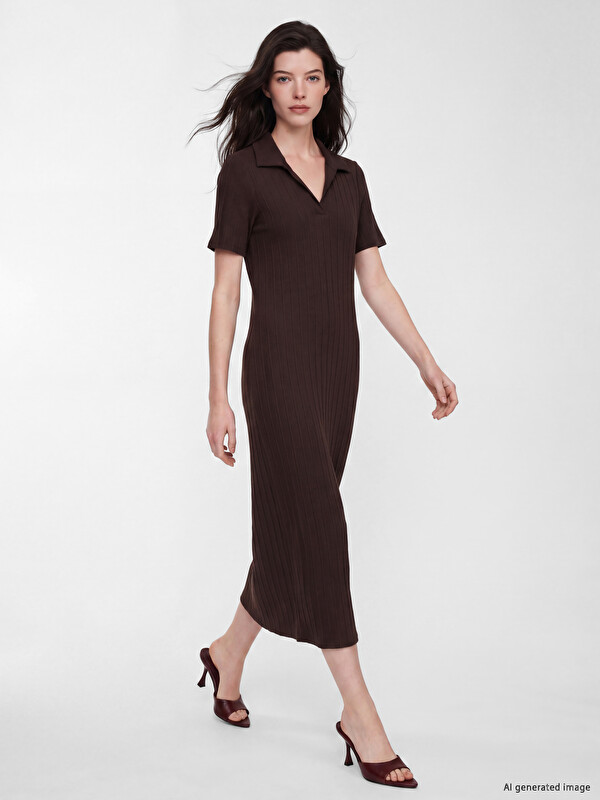 LCW Comfort Rochie Tricot Striat cu Crăpătură cu Guler Polo