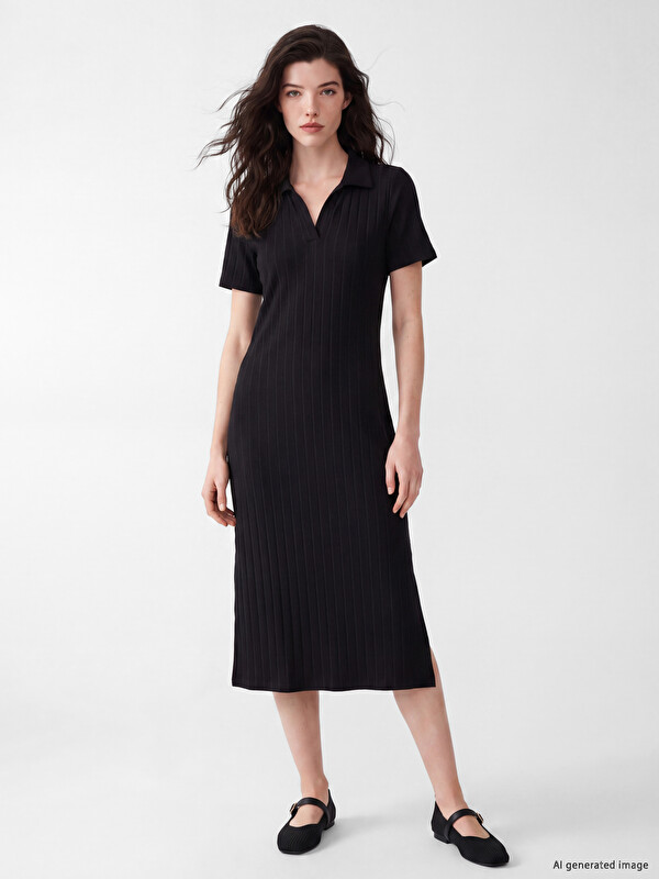 LCW Comfort Polo Collar Slit Ribbed Dress