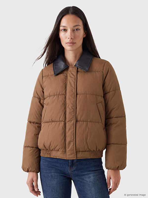 LCW EVERYDAY Leather Shirt Collar Women's Puffer Coat