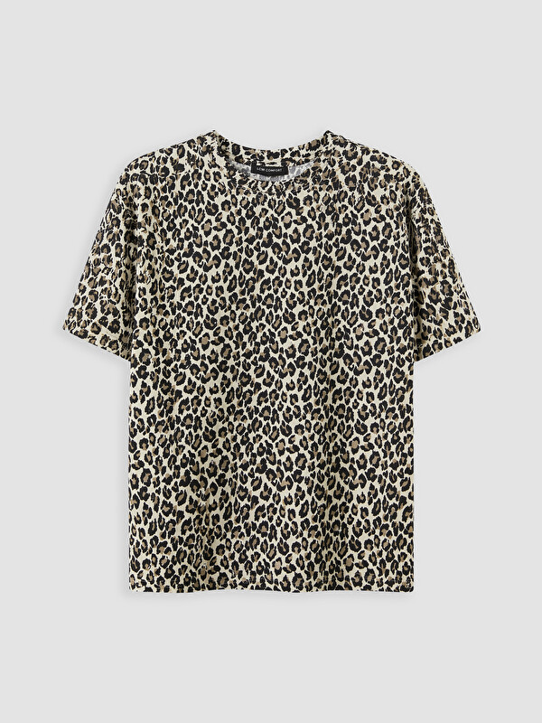 LCW Comfort Bisiklet Yaka Leopar Desenli Kadın Tişört
