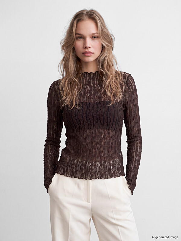 LCW Vision Mock Neck Lace Blouse