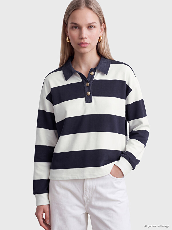 LCW Vision Polo Yaka Çizgili Kadın Sweatshirt