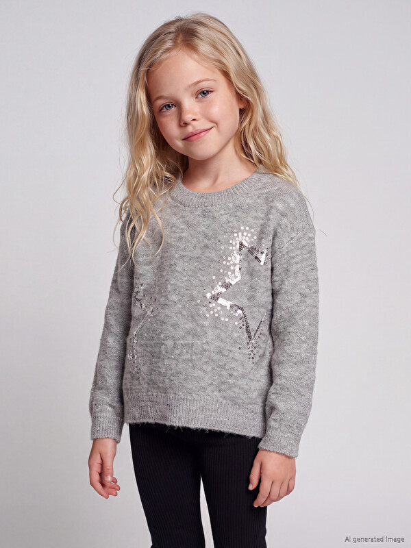 LCW Kids Crew Neck Embroidered Girls' Knitwear Sweater
