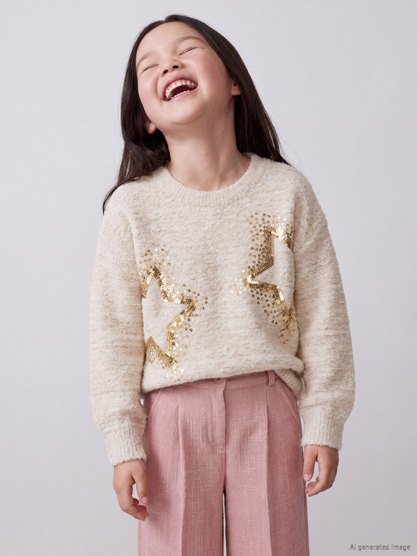 LCW Kids Crew Neck Sequin Embroidered Girls' Sweater