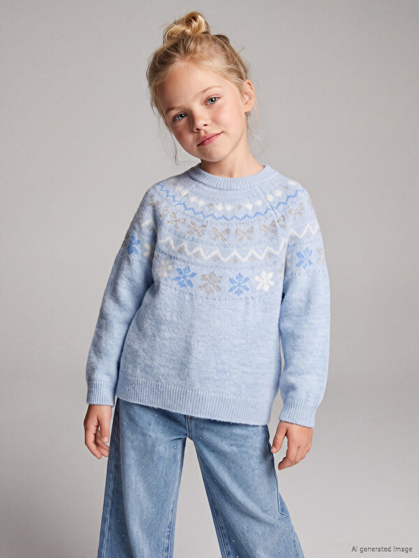 LCW Kids Crew Neck Patterned Girls' Knitwear Sweater