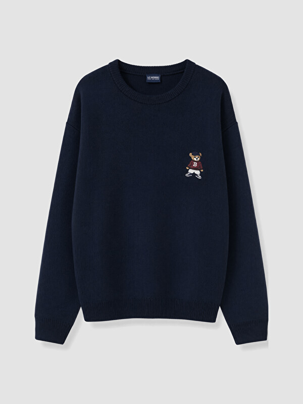 XSIDE Bisiklet Yaka Ayı Teddy Baskılı Erkek Triko Kazak