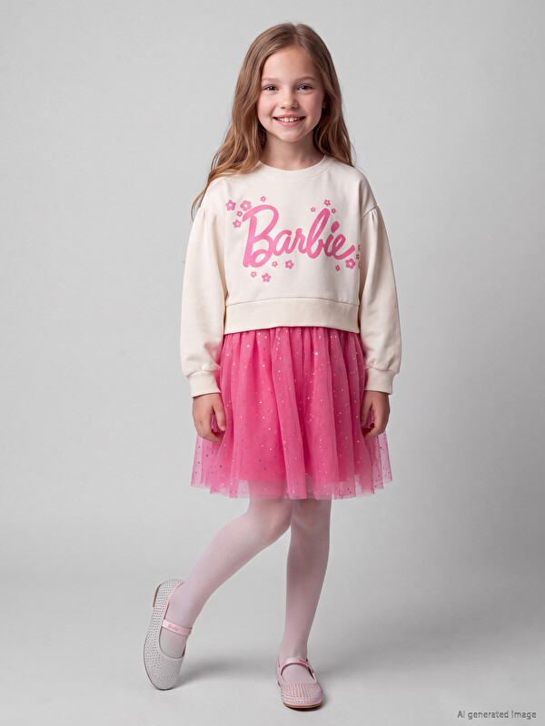 LCW Kids Crew Neck Barbie Printed Dress