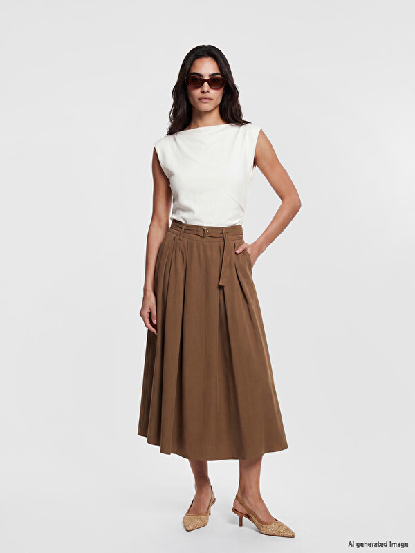 LCW Vision Waisted Zippered Belted A Form Skirt
