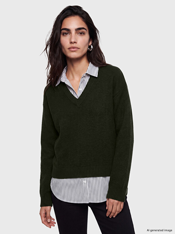 LCW Vision V Neck Shirt-Look Women's Knitwear Sweater