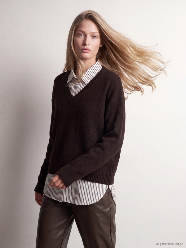 LCW Vision V Neck Shirt-Look Women's Knitwear Sweater