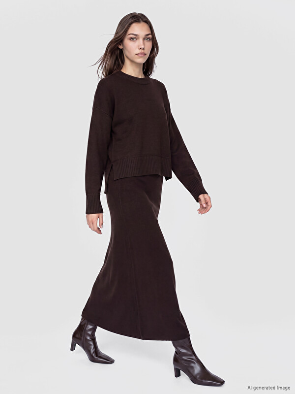 LCW Modest Elastic Waist A-Cut Knitwear Skirt