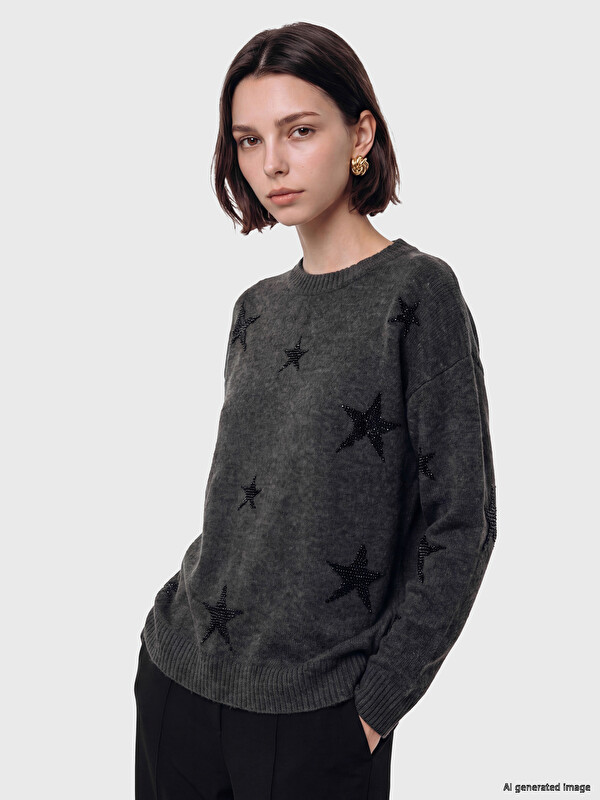 LCW Modest Bisiklet Yaka Yıldız Desenli Kadın Triko Tunik