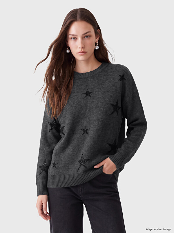 LCW Modest Crew Neck Star Patterned Women's Knitwear Tunic