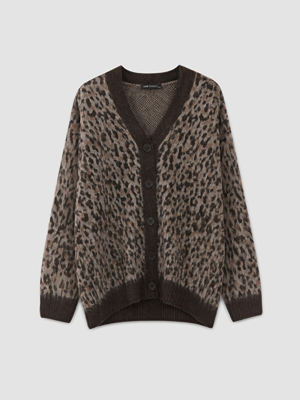 LCW Modest V Yaka Leopar Desenli Kadın Triko Hırka
