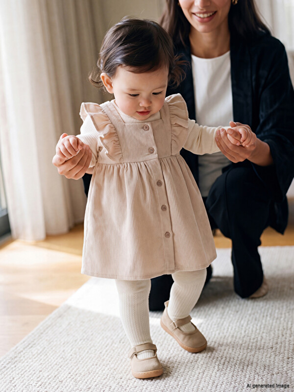 LCW baby Bisiklet Yaka Fırfırlı Kız Bebek Elbise