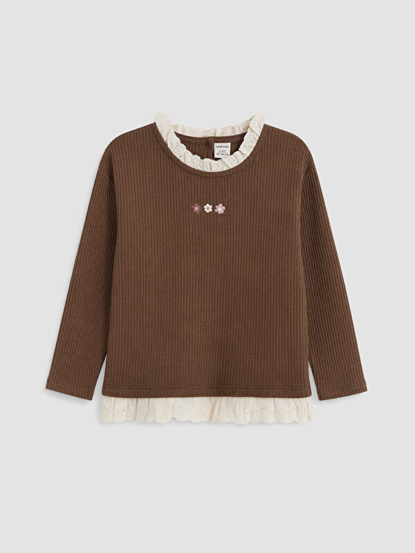 LCW Kids Çiçek Nakışlı Fırfırlı Kız Çocuk Tişört