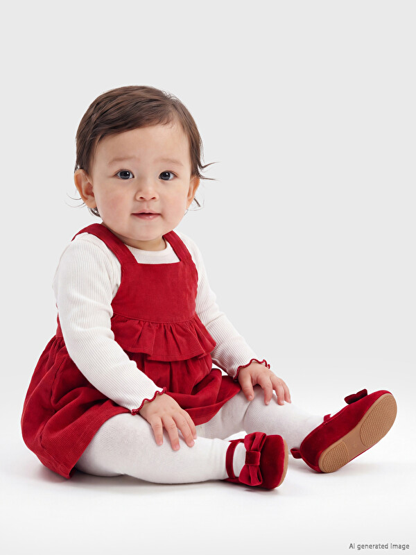 LCW baby Ruffled Baby Girls' Velvet Dungaree Set