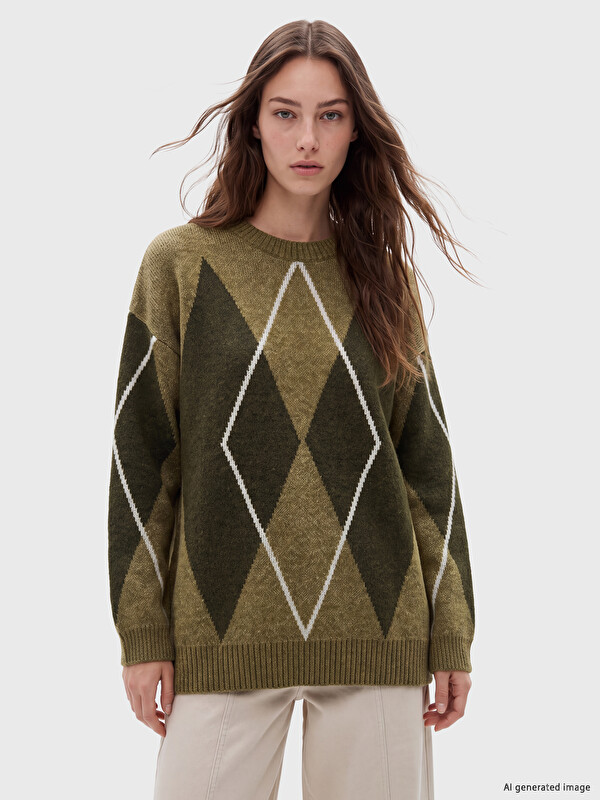 LCW Modest Crew Neck Argyle Patterned Women's Knitwear Sweater