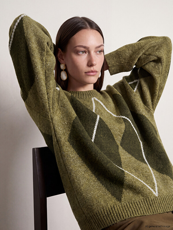 LCW Modest Crew Neck Argyle Patterned Women's Knitwear Sweater