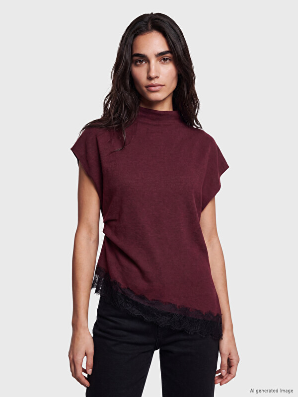 LCW Vision Mock Neck Lace Detailed Blouse