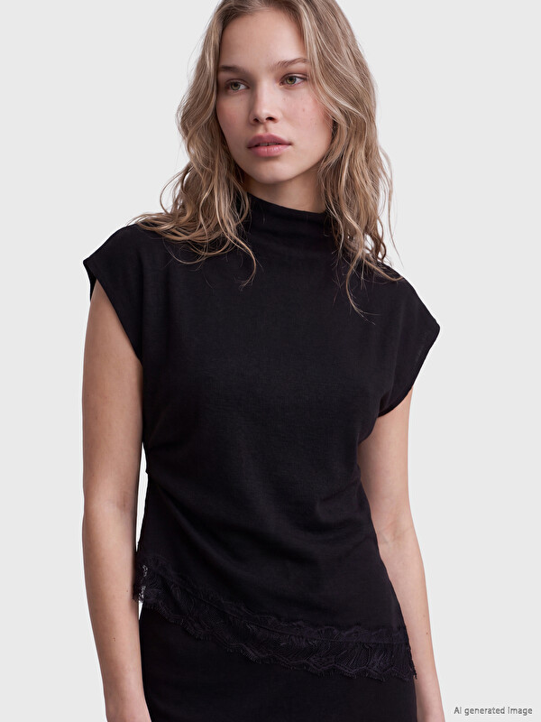 LCW Vision Mock Neck Lace Detailed Blouse