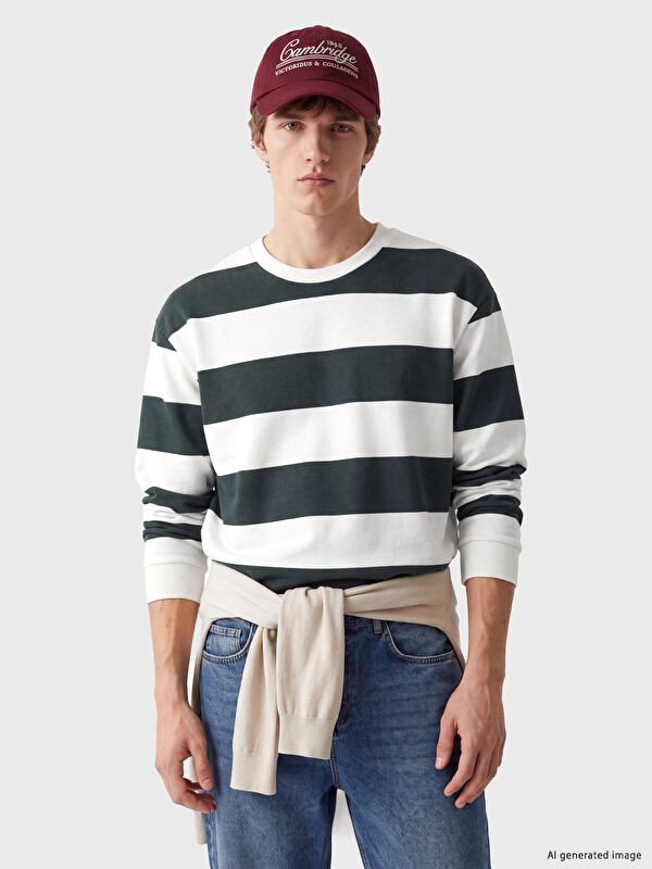 XSIDE Bisiklet Yaka Çizgili Kalın Sweatshirt
