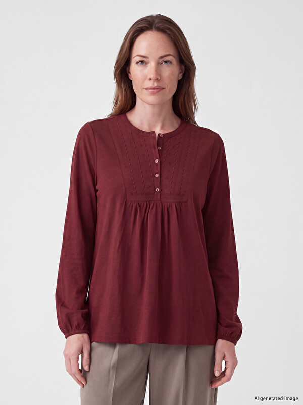 LCW Grace Crew Neck Embroidered Gathered Blouse