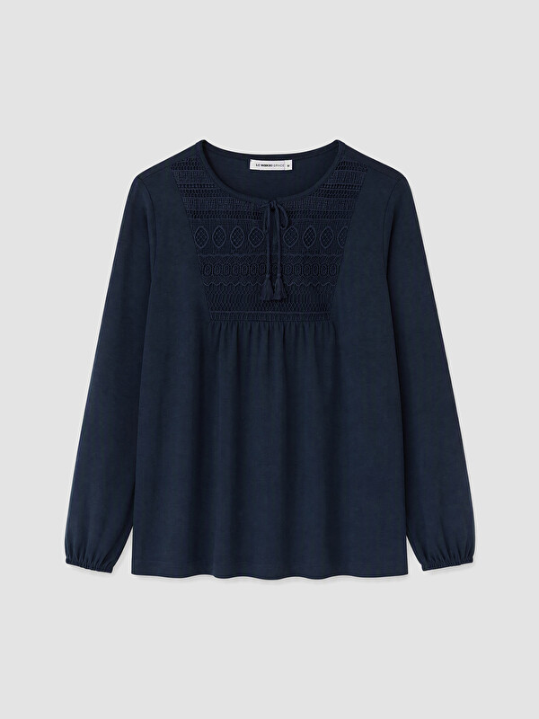 LCW Grace Tie Neck Embroidered Blouse