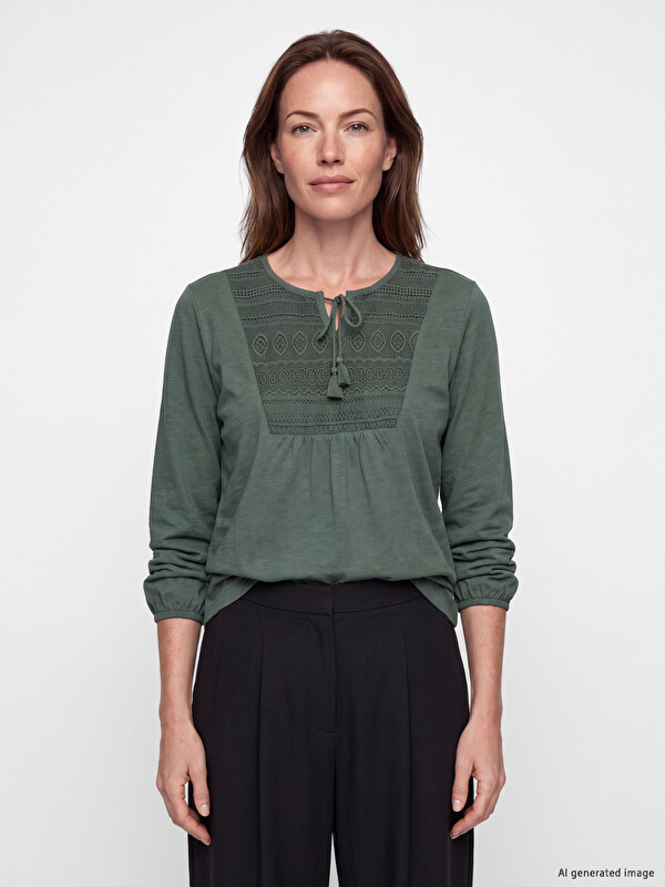 LCW Grace Tie Neck Embroidered Blouse