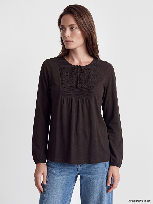 LCW Grace Tie Neck Embroidered Blouse