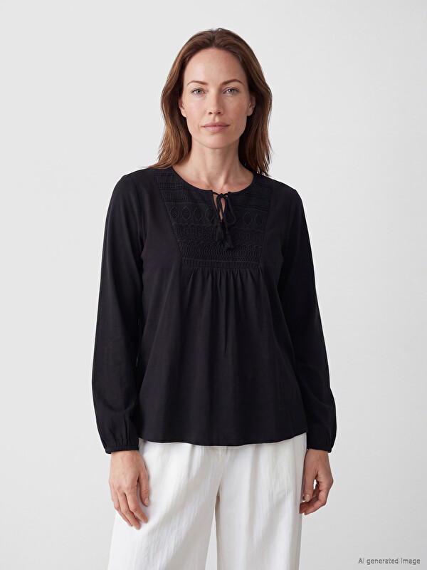 LCW Grace Tie Neck Embroidered Blouse