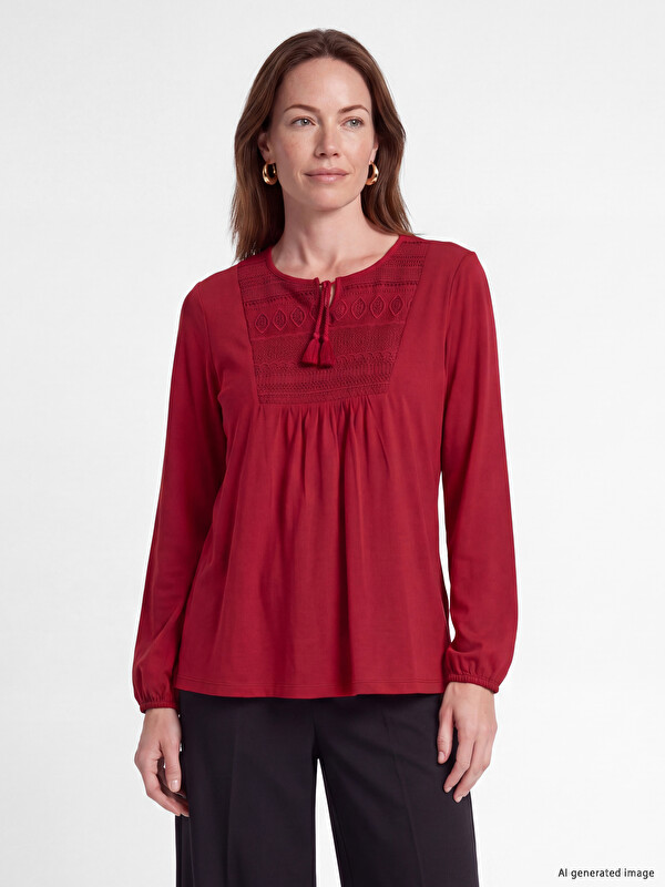 LCW Grace Tie Neck Embroidered Blouse