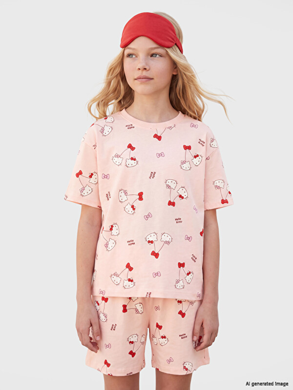 LCW Kids Hello Kitty ლიცენზირებული მრგვალი საყელო გოგონას პიჟამის ნაკრები