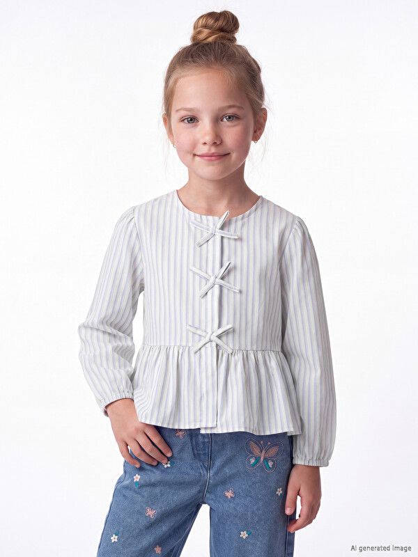 LCW Kids Bow Detailed Striped Girls' Shirt