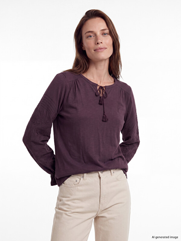 LCW Grace Tie Neck Embroidered Blouse