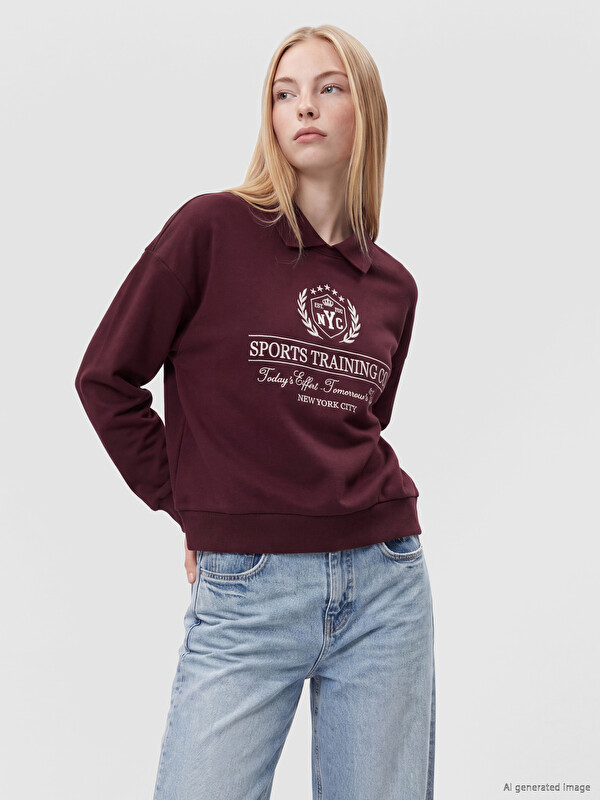 XSIDE Polo Collar Embroidered Oversize Women's Sweatshirt