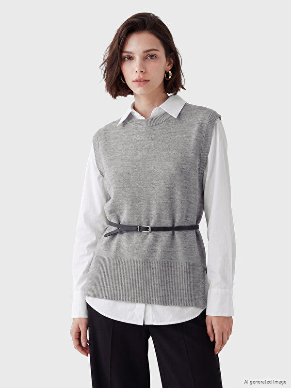 LCW Modest Beli Kemerli Kadın Triko Süveter