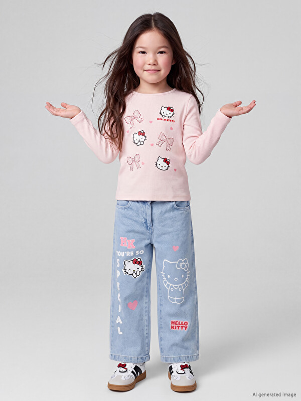 LCW Kids Wideleg Hello Kitty Printed Girls' Jeans