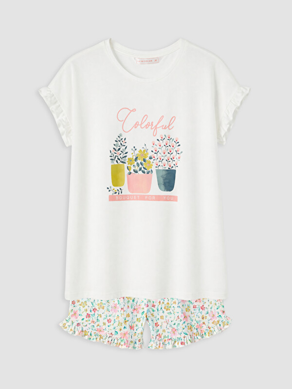 LCW DREAM Bisiklet Yaka Baskılı Kadın Şortlu Pijama Takımı