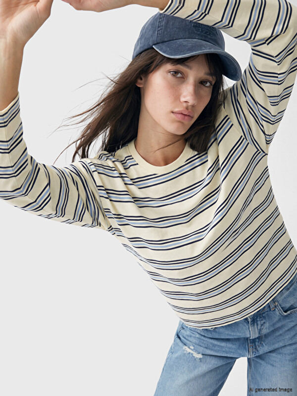 XSIDE Çizgili Oversize %100 Pamuklu Kadın Tişört