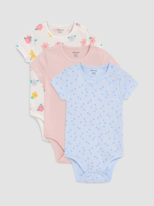 LCW baby Bisiklet Yaka Baskılı Kız Bebek Body 3'lü