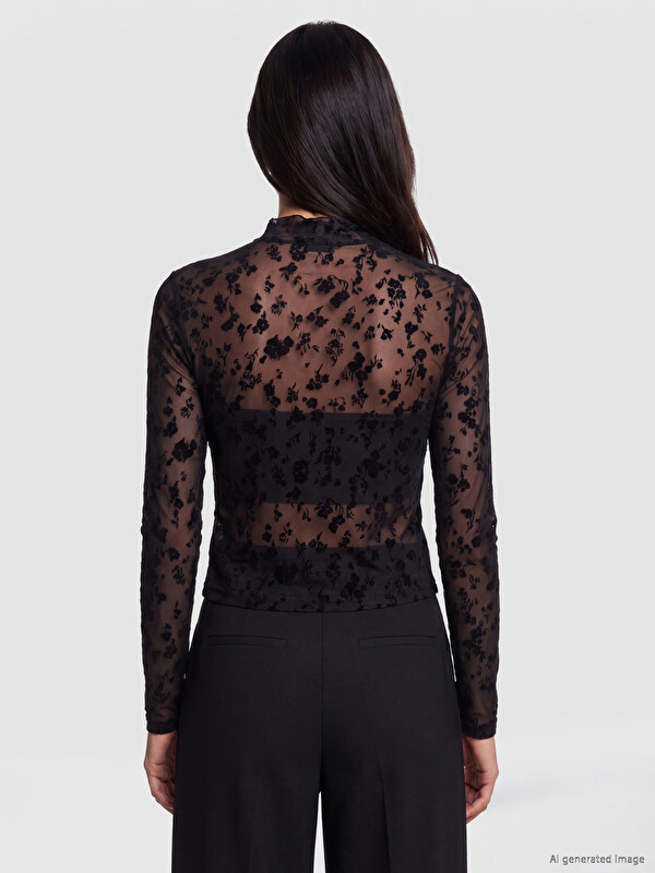 LCW Vision Ruffled Mock Neck Floral Tulle Blouse